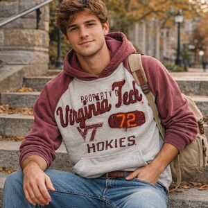 Virginia Tech Hokies Hoodie Unisex Large Gray Maroon VT Distressed Heavy Weight